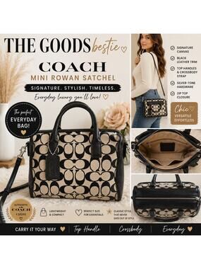 Coach Signature Canvas Rowan Satchel Crossbody Black Leather F38290